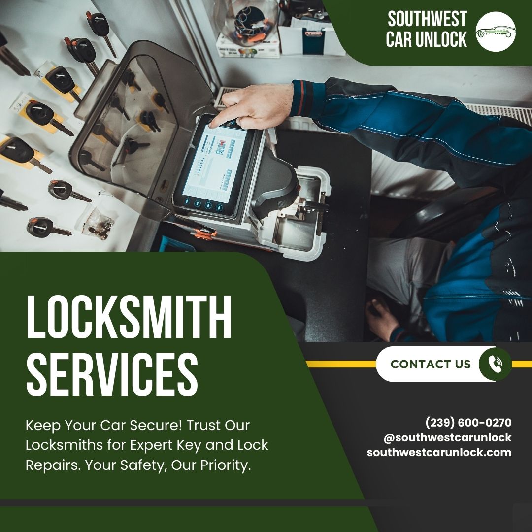 Locksmith using advanced equipment to cut and program car keys at Southwest Car Unlock, Fort Myers, FL.