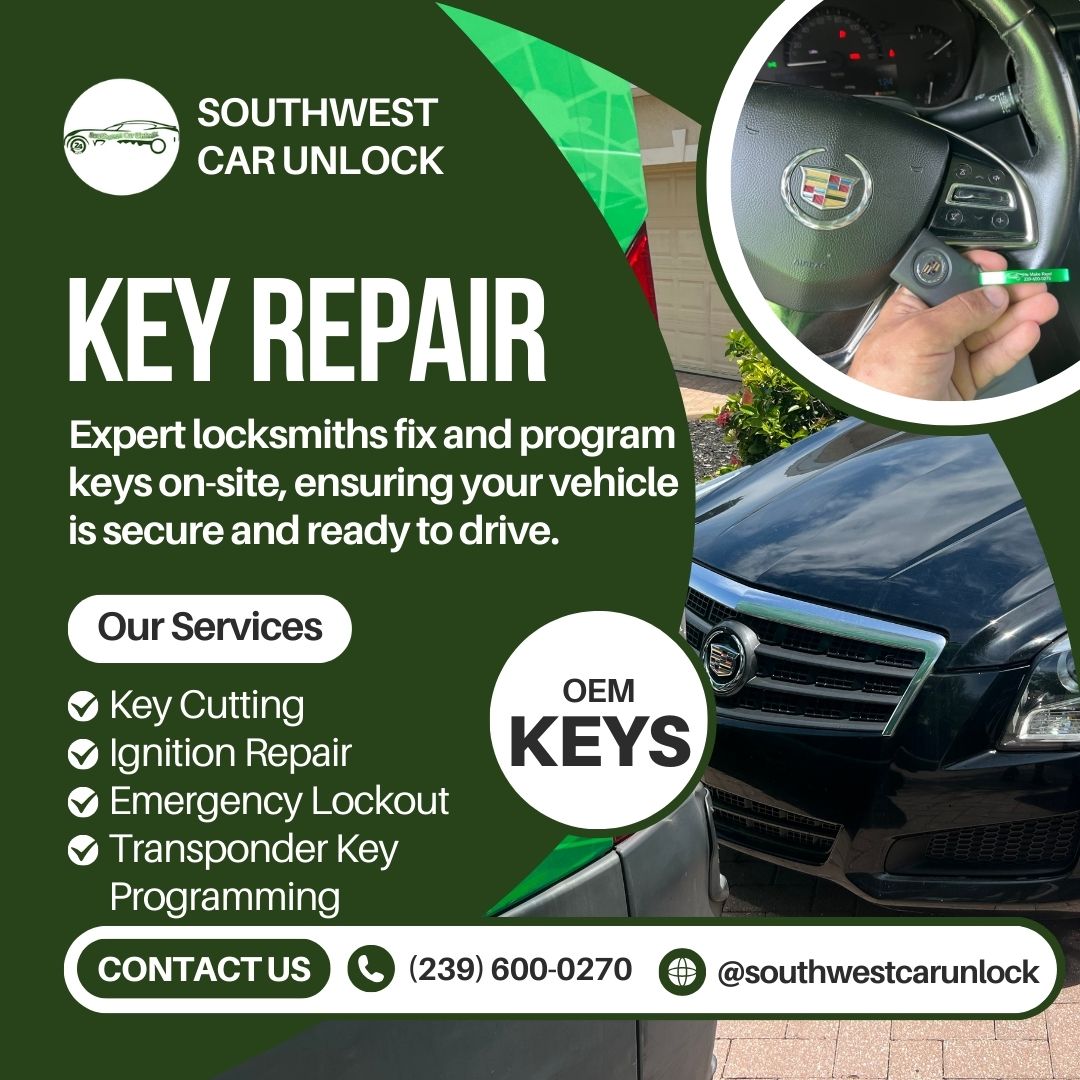 A locksmith performing key repair and programming for a Cadillac at Southwest Car Unlock in Fort Myers, FL.