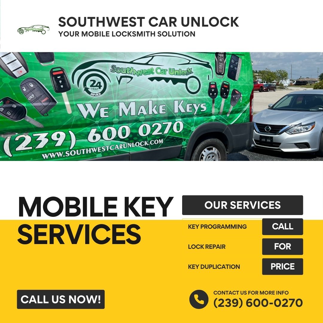 Southwest Car Unlock's green locksmith truck offering mobile key services in Fort Myers, FL.