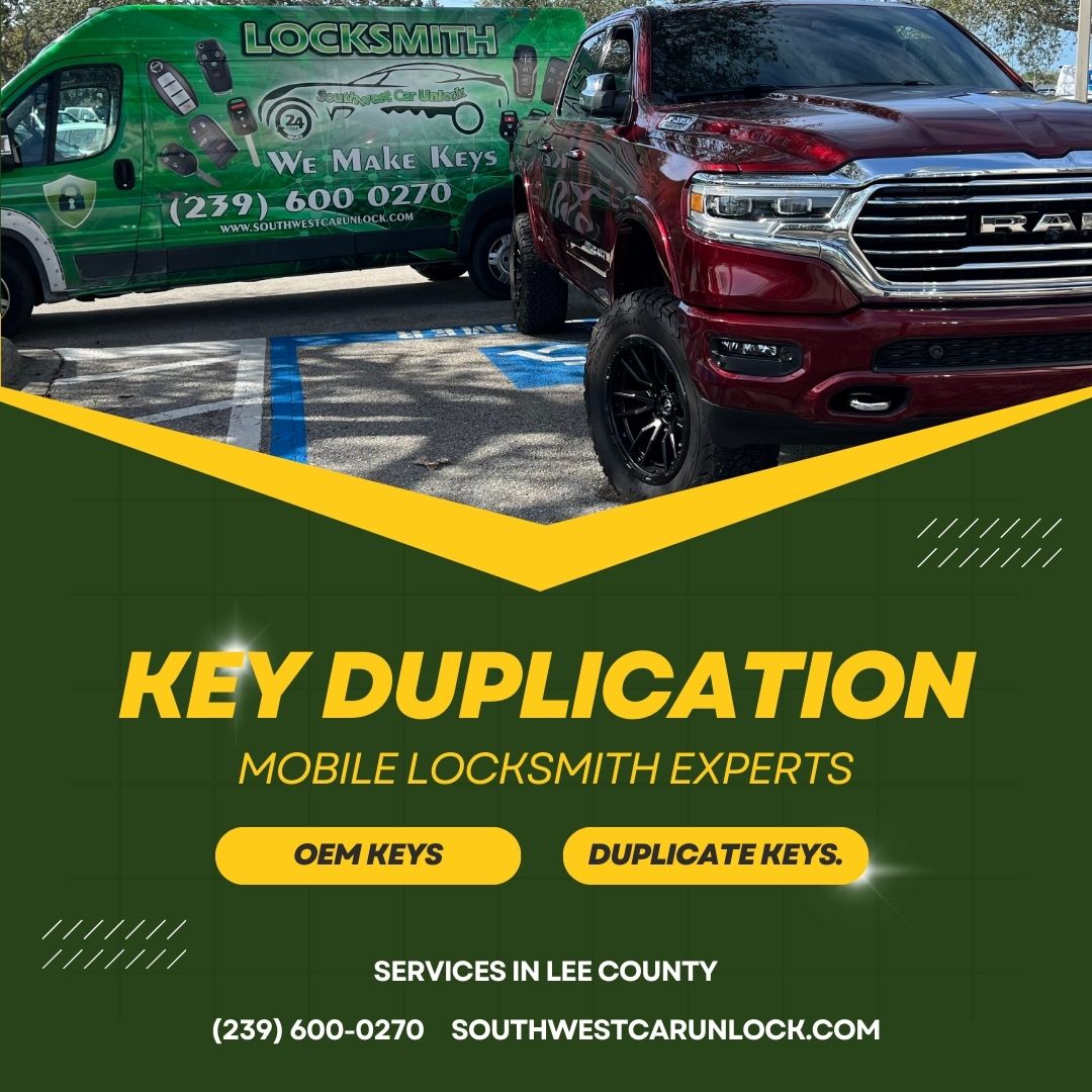 Car Unlock's green locksmith truck providing key duplication services in Lee County, FL.