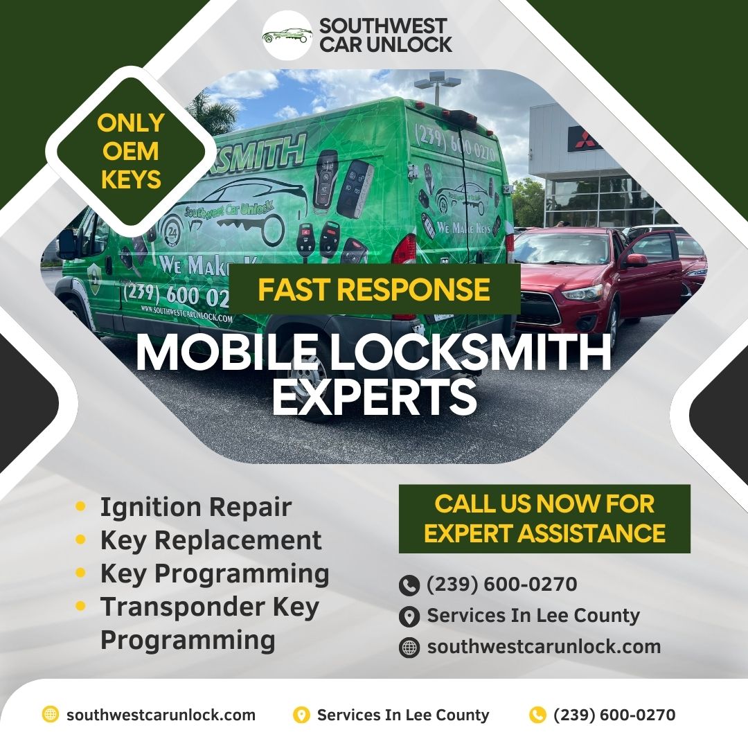 Mobile locksmith services in Lee County, featuring a green locksmith truck and vehicle key solutions.