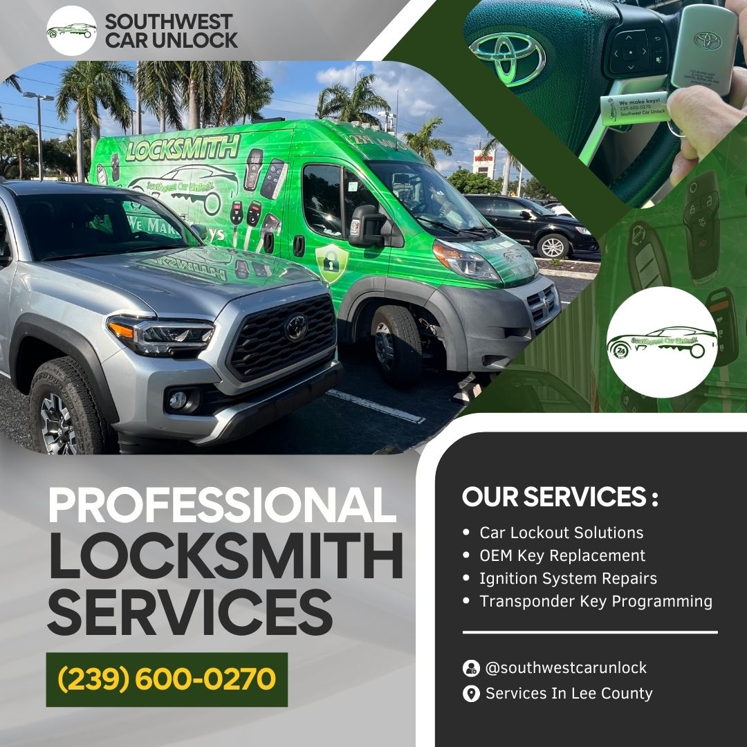 Mobile locksmith service in Fort Myers featuring a green locksmith truck and vehicle key replacement services.