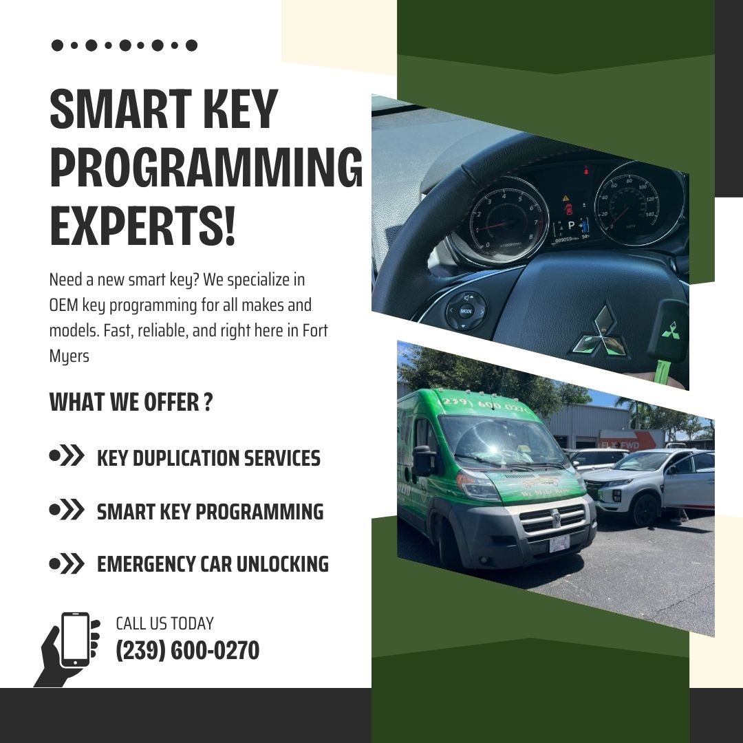 Southwest Car Unlock's mobile locksmith van offering smart key programming and key duplication services in Fort Myers, FL. Image of green locksmith truck servicing cars.