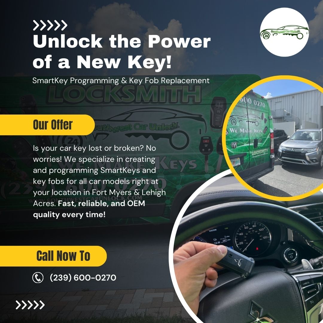 Image of a green locksmith truck offering car key replacement services by Southwest Car Unlock in Fort Myers and Lehigh Acres.