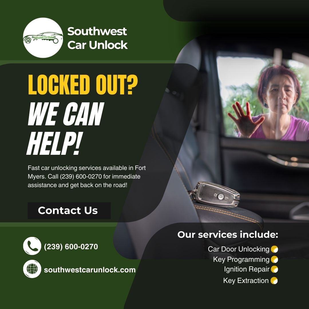 Woman locked out of car in Fort Myers, Southwest Car Unlock provides fast unlocking services.