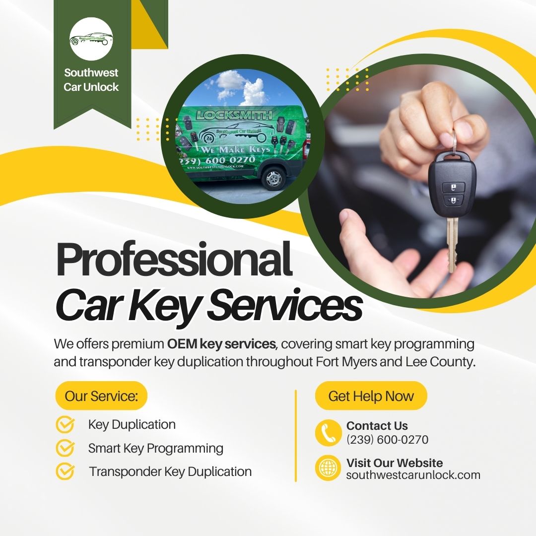 Southwest Car Unlock providing professional car key services including smart key programming in Fort Myers. Call (239) 600-0270.