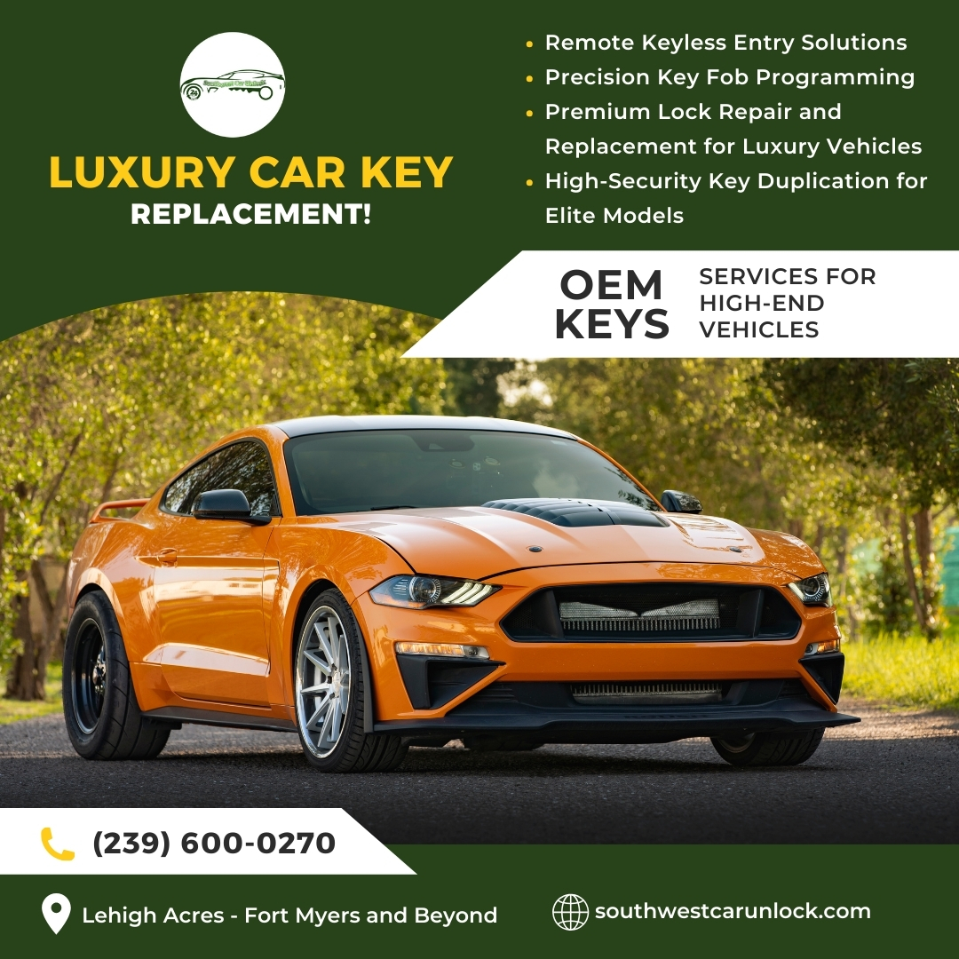 Fast and reliable luxury car key replacement services for Mustang, Land Rover, and Range Rover vehicles in Lehigh Acres and Fort Myers. Call (239) 600-0270 for expert service today!