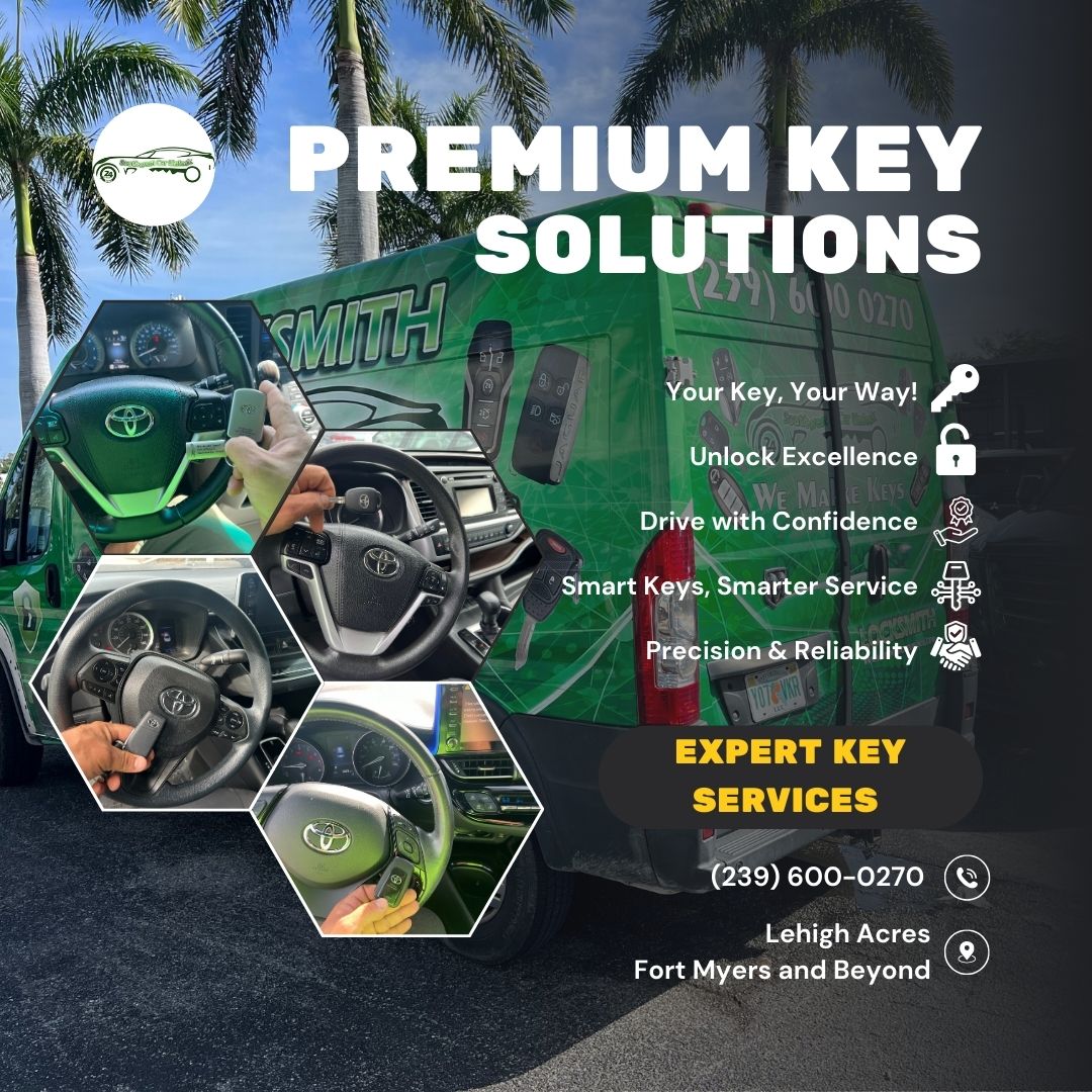 Image of a green locksmith truck providing car key services, including SmartKey programming and key fob replacement in Lehigh Acres and Fort Myers.