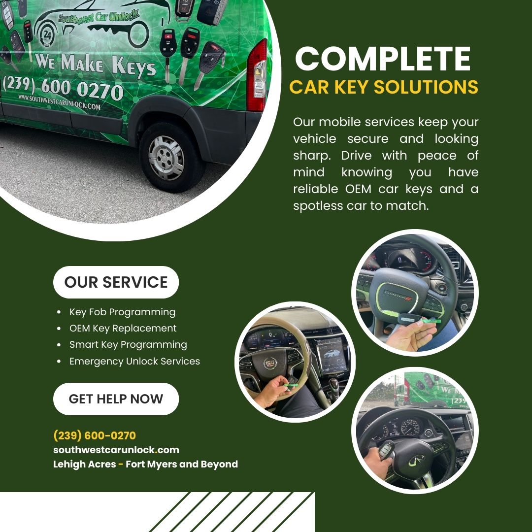 Southwest Car Unlock's green locksmith truck offering mobile car key solutions including OEM key replacements and SmartKey programming.