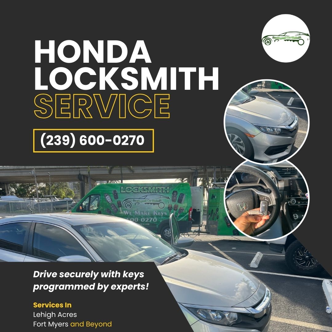 Green Southwest Car Unlock truck providing Honda car key services including OEM key replacements and SmartKey programming in Fort Myers.