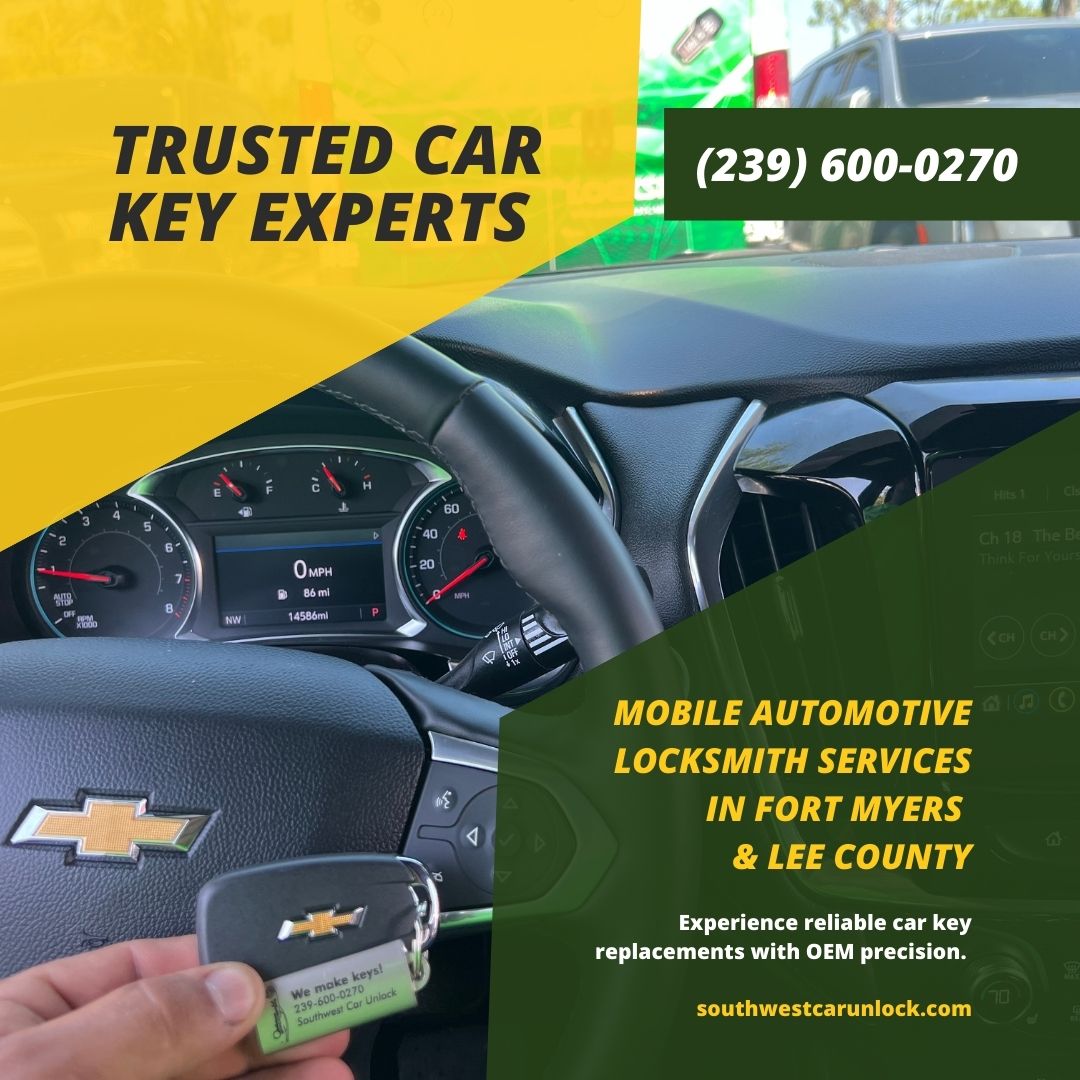 Mobile locksmith services in Fort Myers with OEM car key replacements. Call Southwest Car Unlock at (239) 600-0270.