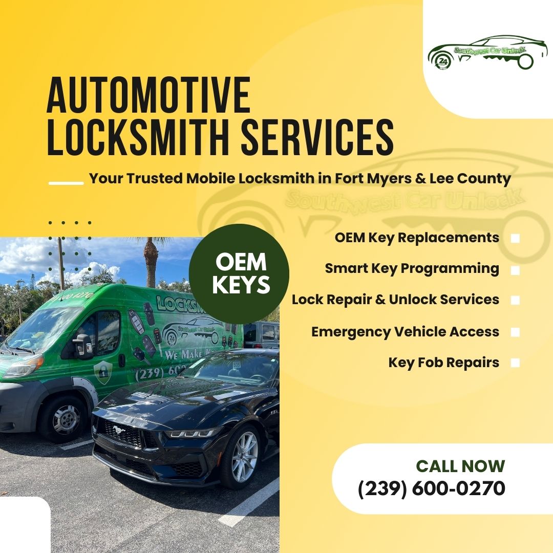 Southwest Car Unlock green locksmith truck providing mobile automotive locksmith services in Fort Myers and Lee County.