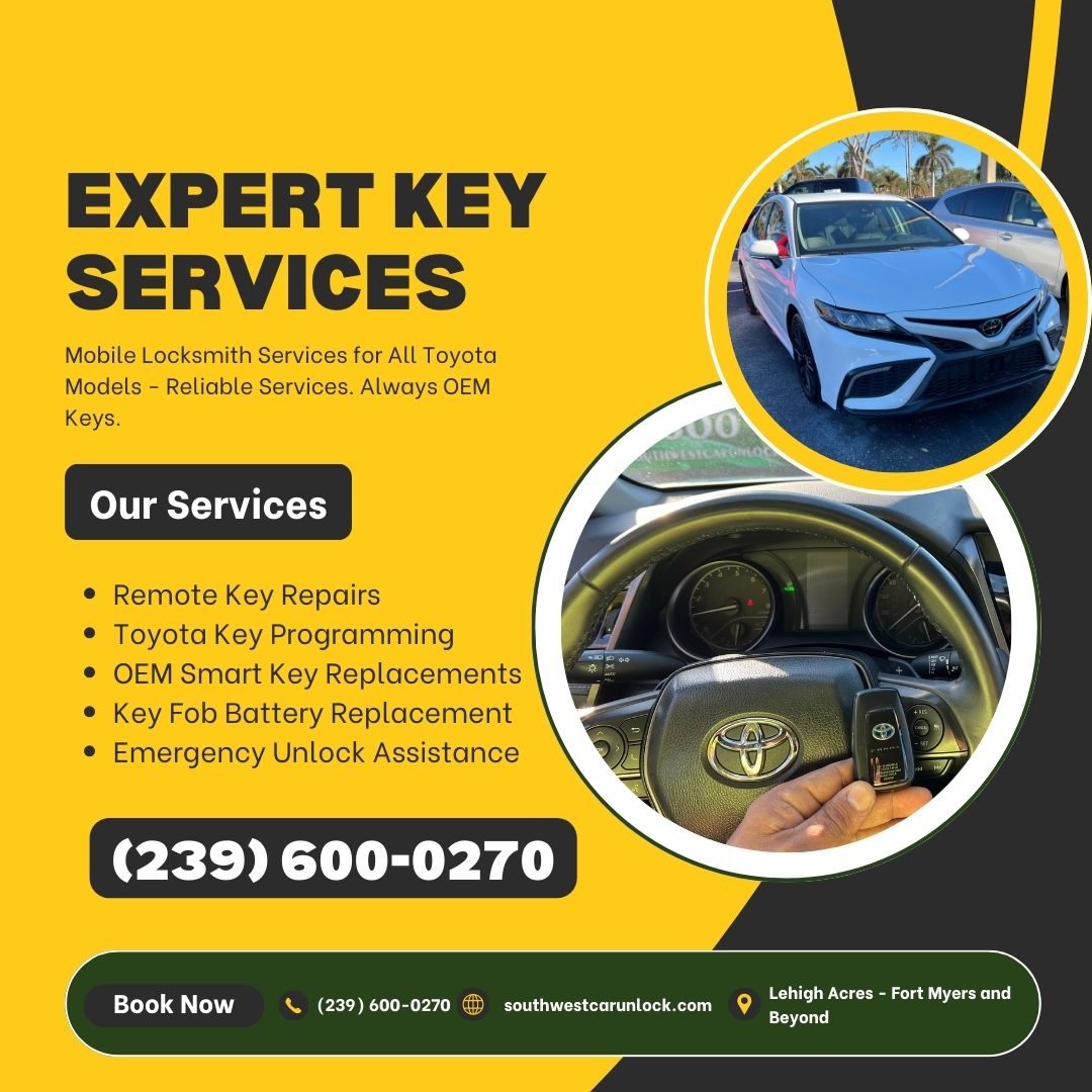 Southwest Car Unlock provides professional mobile locksmith services for Toyota vehicles, featuring a green locksmith truck on Lee Blvd.