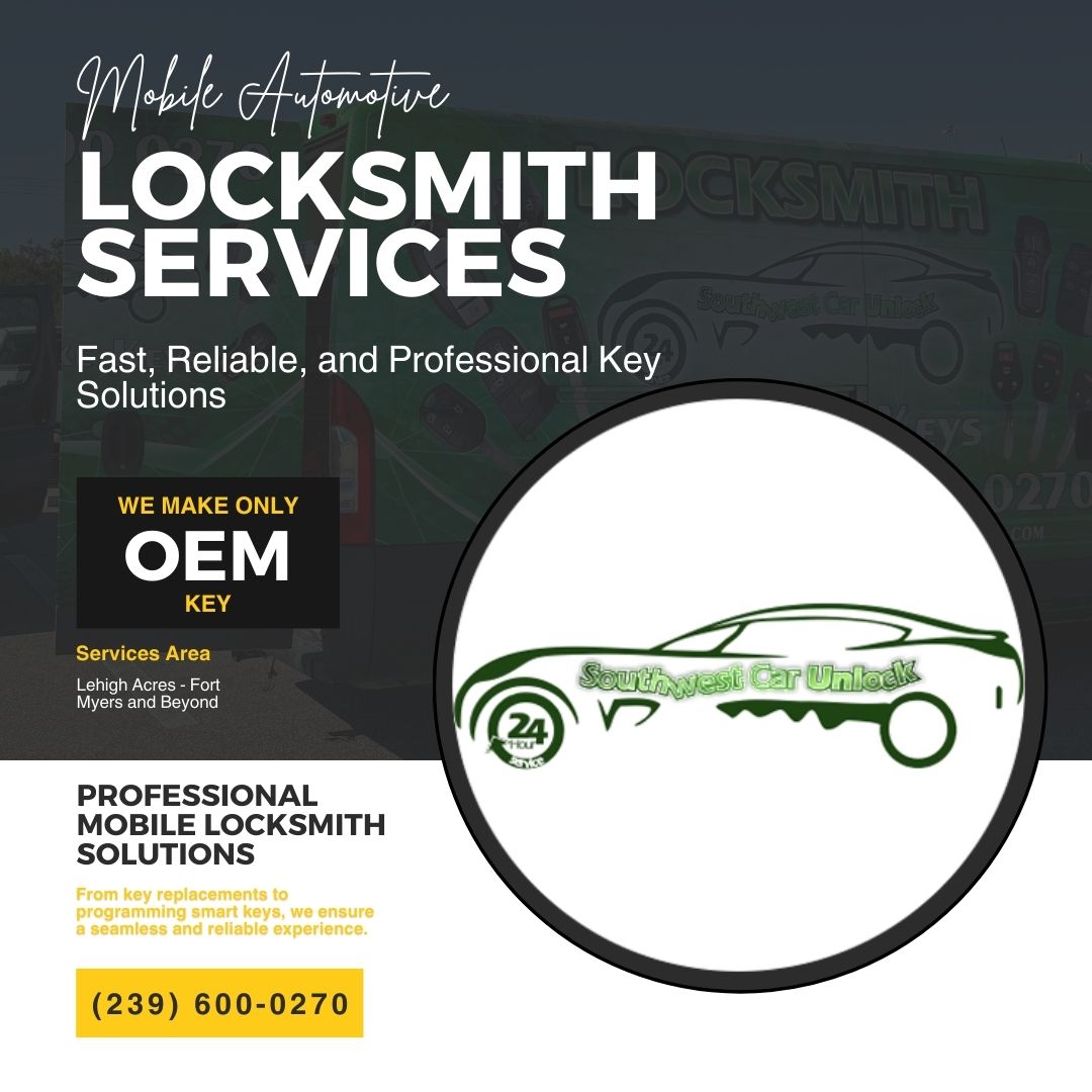 Southwest Car Unlock green locksmith truck providing mobile automotive locksmith services in Fort Myers and Lee County.