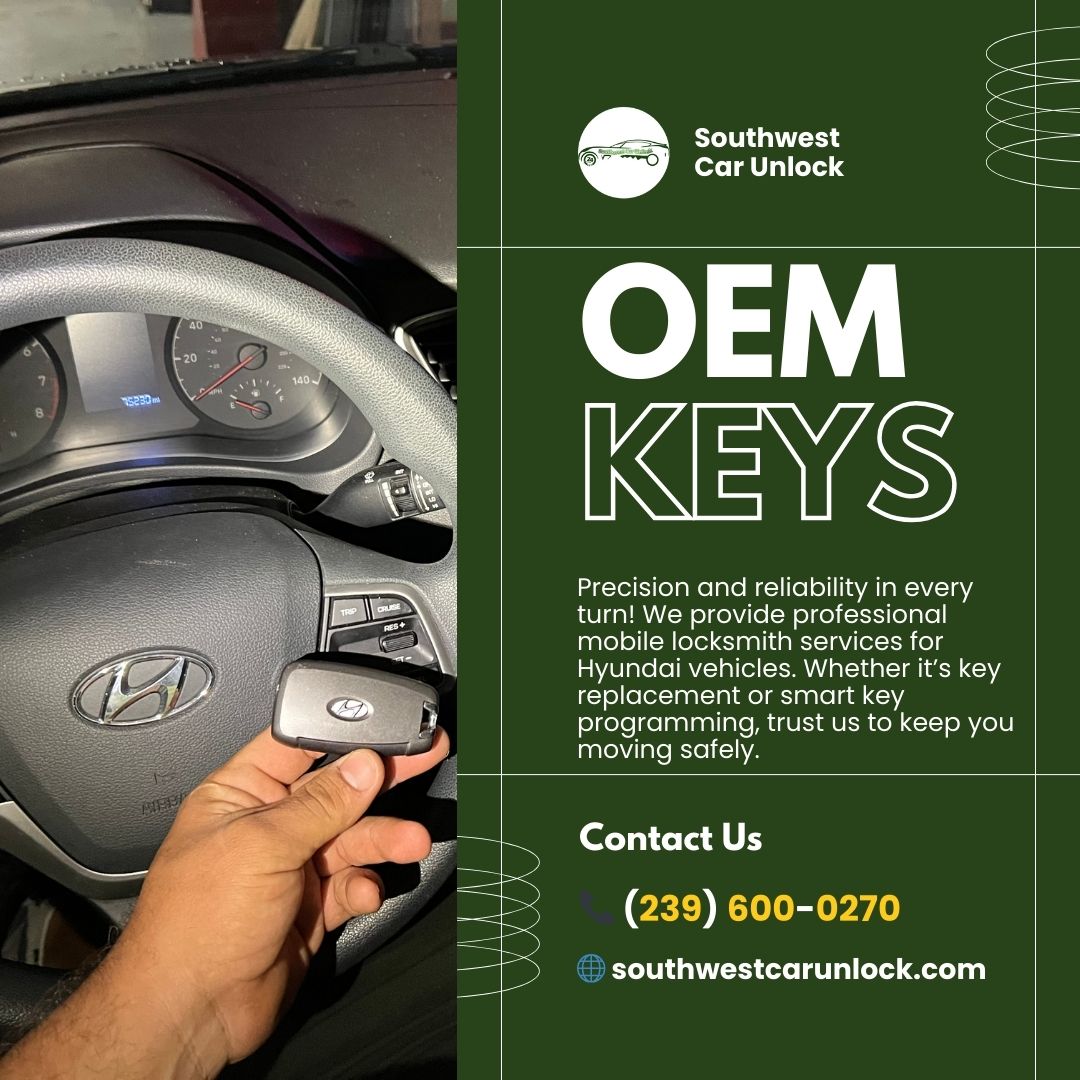 Hyundai OEM key replacement and smart key programming by Southwest Car Unlock in Fort Myers.