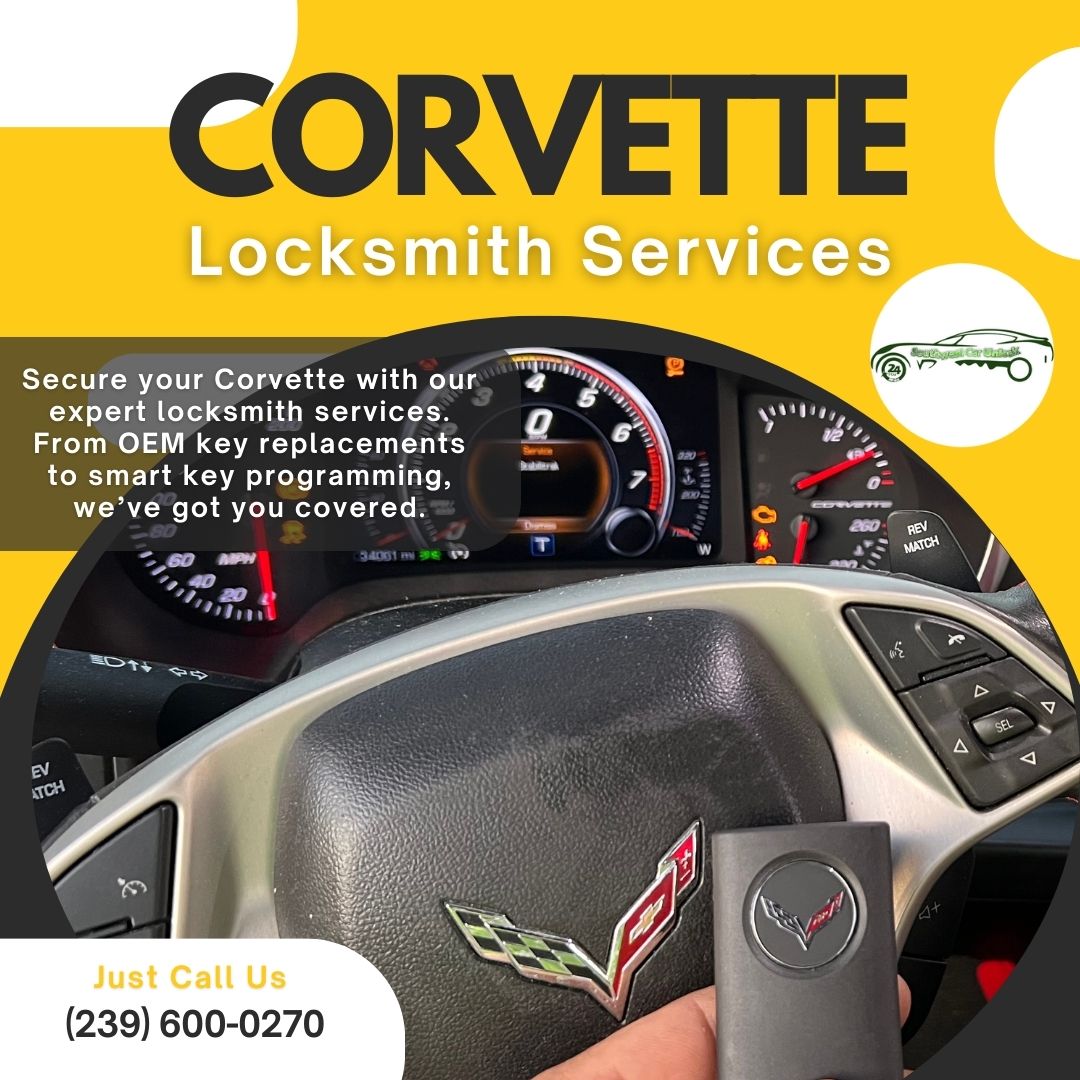 Image showing Corvette key fob with text “Corvette Locksmith Services.”