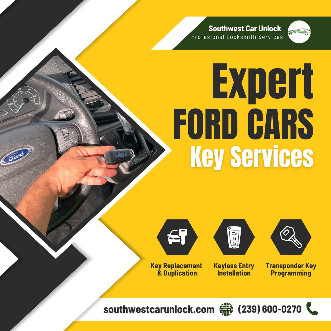 A hand holding a Ford key inside a car, showcasing professional locksmith services by Southwest Car Unlock.