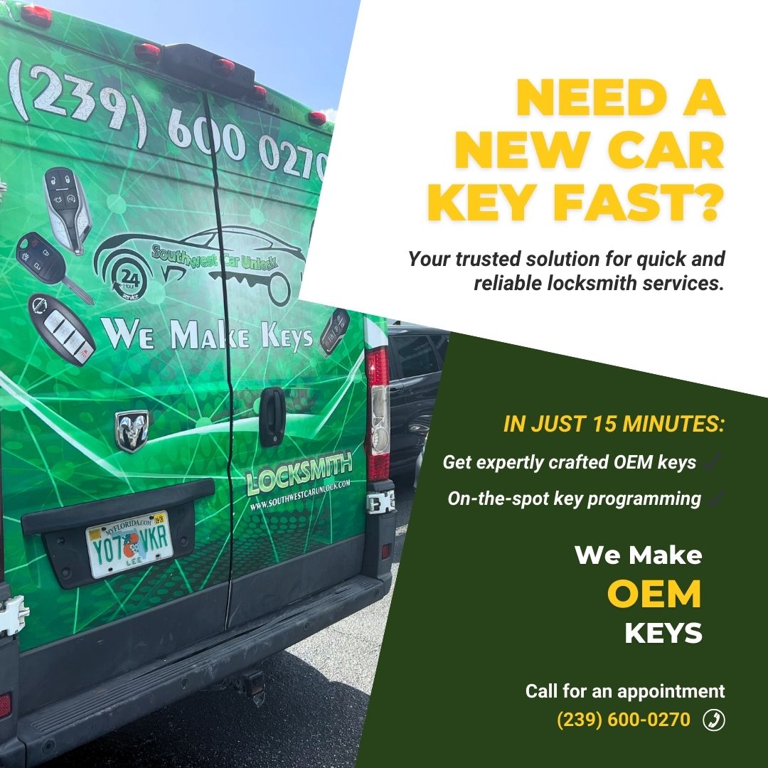 Southwest Car Unlock green locksmith truck offering mobile services for OEM keys and smart key programming.