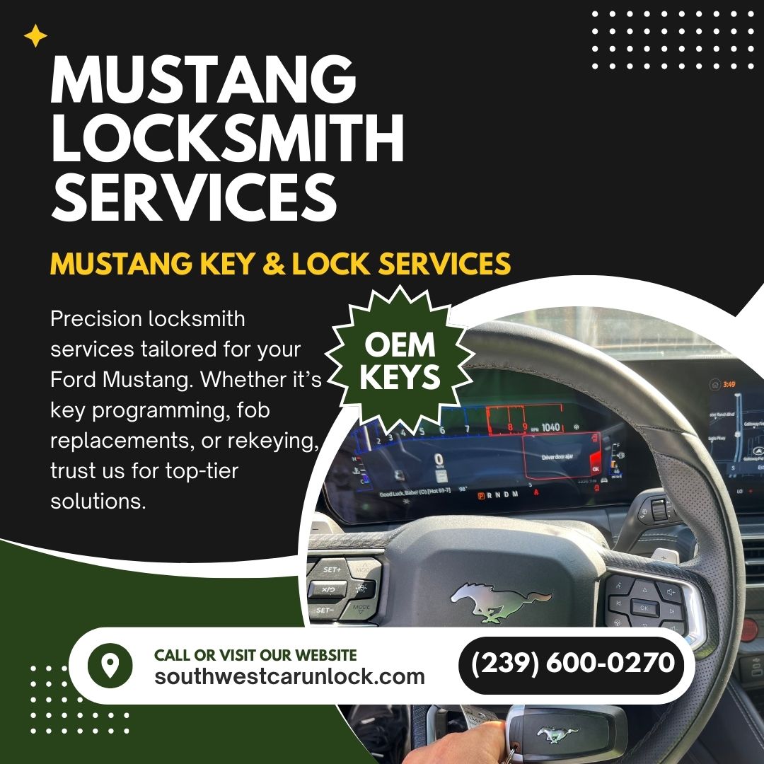 Mustang locksmith services with OEM key replacements and programming by Southwest Car Unlock.