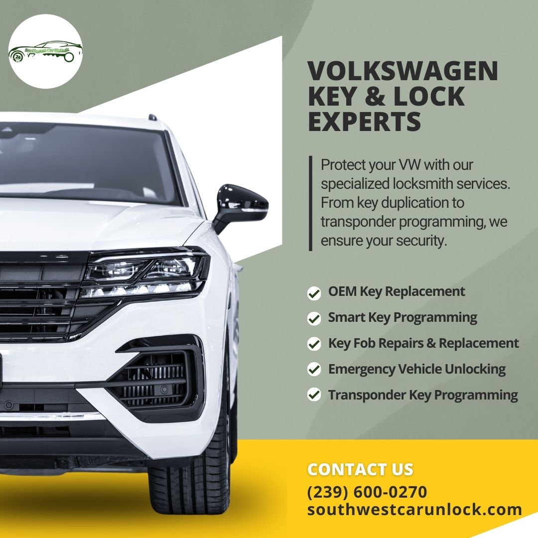 Image of a Volkswagen with the title: "Volkswagen Key & Lock Experts," showcasing locksmith services like OEM key replacement, smart key programming, and emergency unlocking by Southwest Car Unlock in Fort Myers and Lehigh Acres.