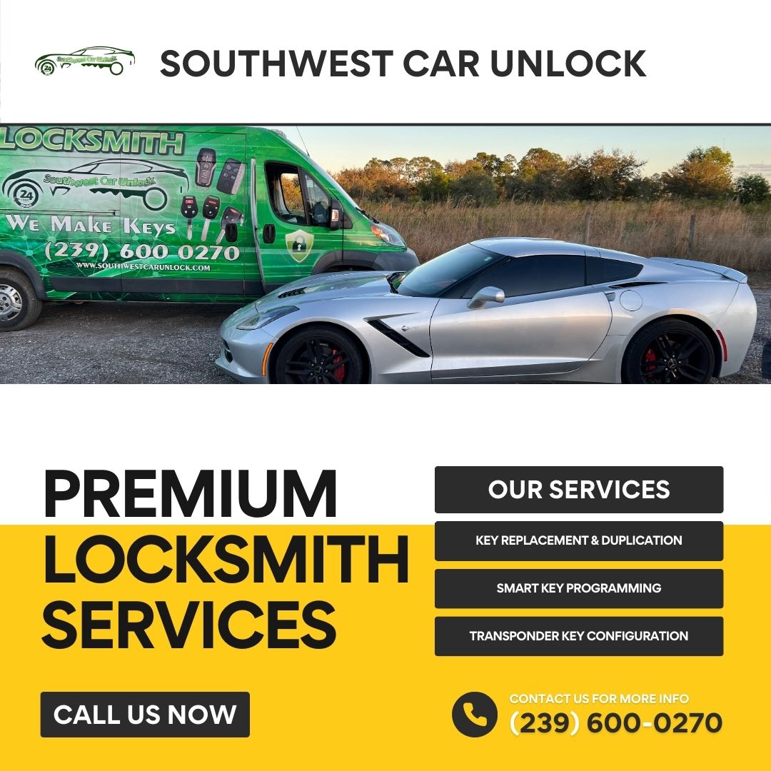 Image of Southwest Car Unlock's green locksmith truck and a Corvette showcasing locksmith services like key replacement, smart key programming, and transponder key configuration in Fort Myers and Lehigh Acres.