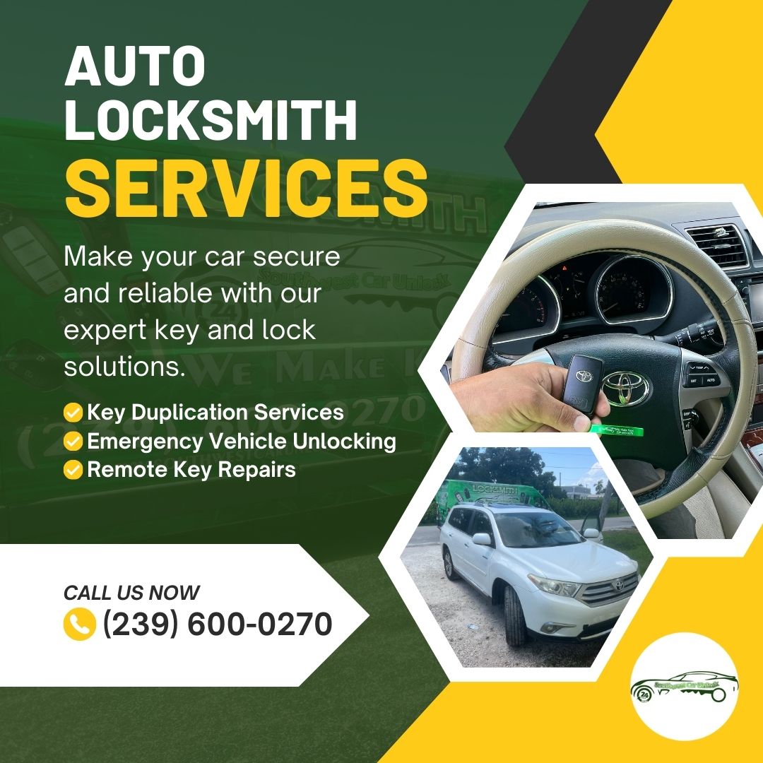 Mobile locksmith truck with Toyota steering wheel and key in Fort Myers, Florida.