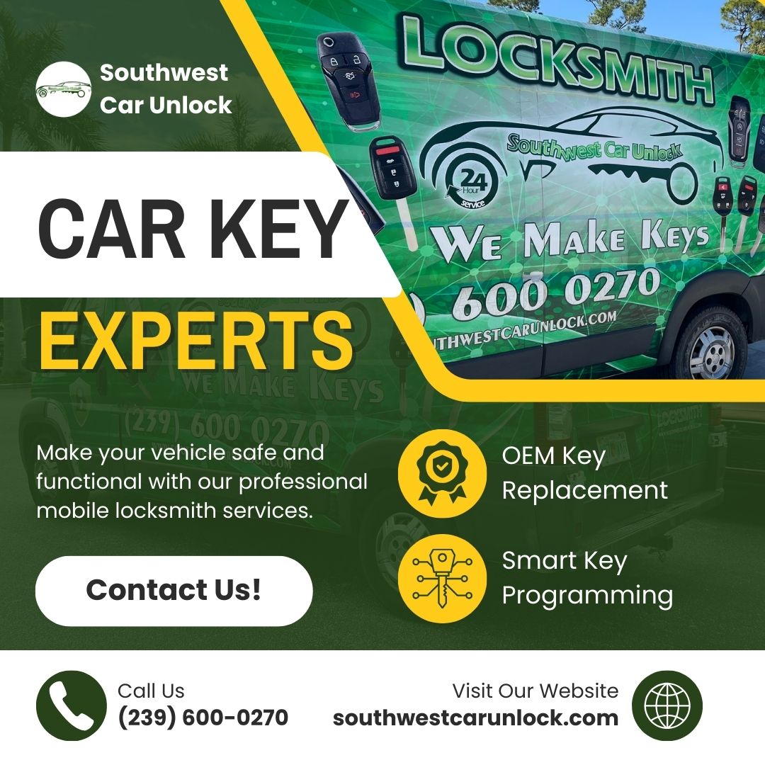Green locksmith truck with key replacement and programming services in Fort Myers, Florida.