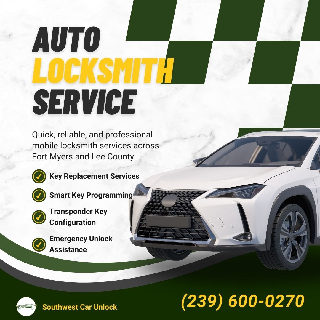 Southwest Car Unlock green locksmith truck next to a white Lexus offering auto locksmith services in Fort Myers.