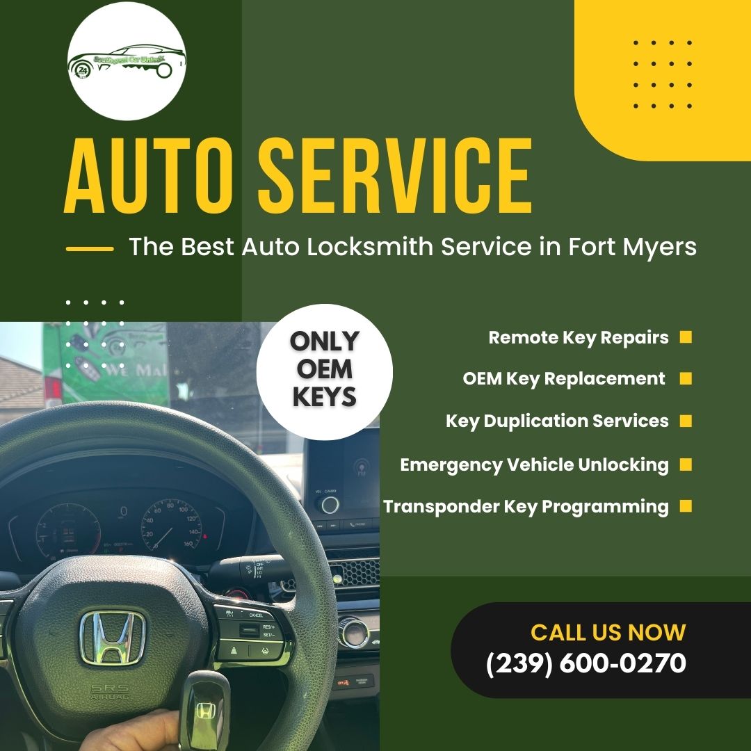 Image of Southwest Car Unlock’s green locksmith truck and a Honda dashboard showcasing professional car key and lock services such as OEM key replacement, smart key programming, and emergency unlocking.