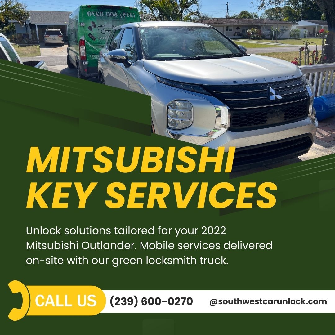 Southwest Car Unlock providing mobile Mitsubishi key services with their locksmith green truck in Fort Myers.