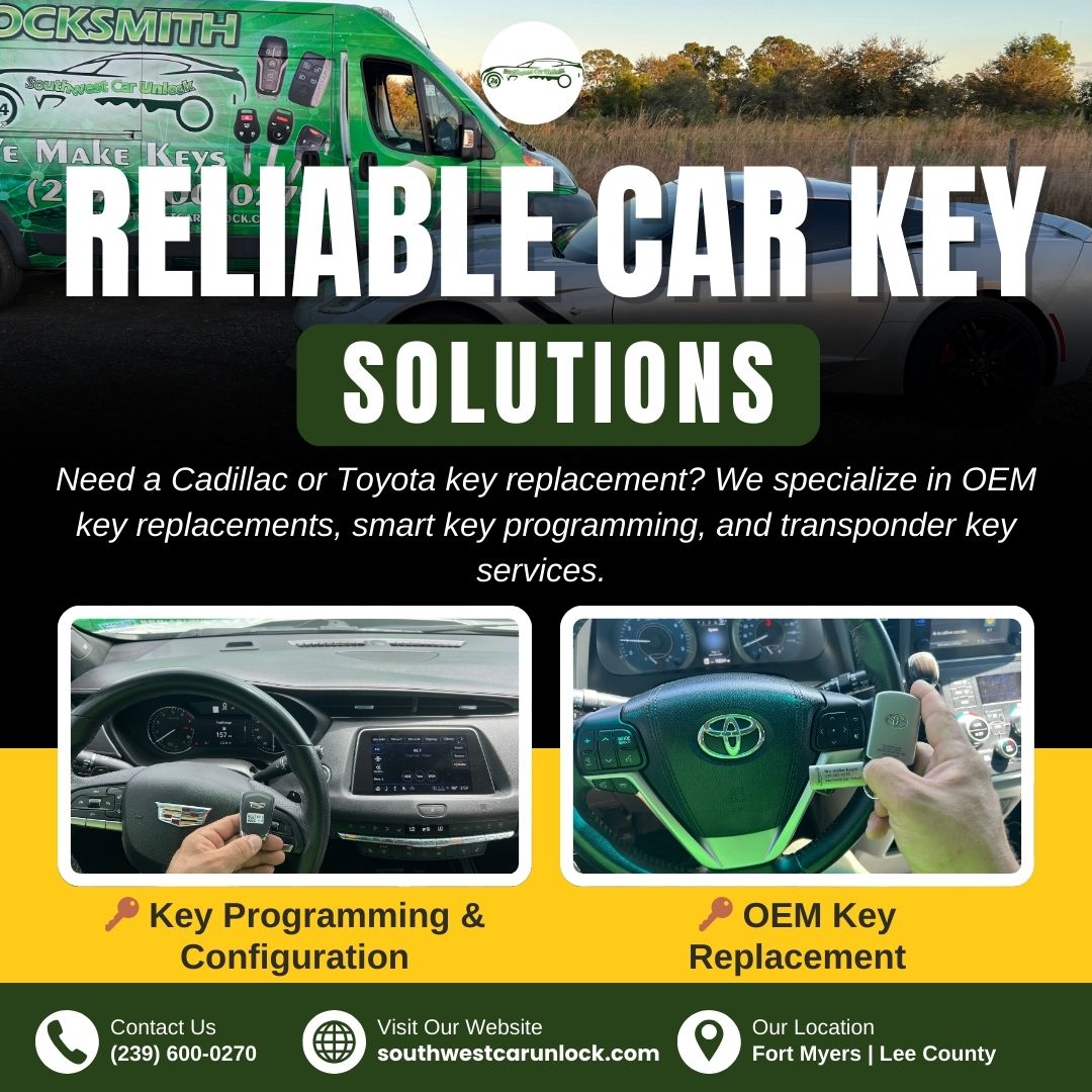 Mobile locksmith green truck on Lee Blvd offering OEM key replacements for Cadillac & Toyota. Call (239) 600-0270.