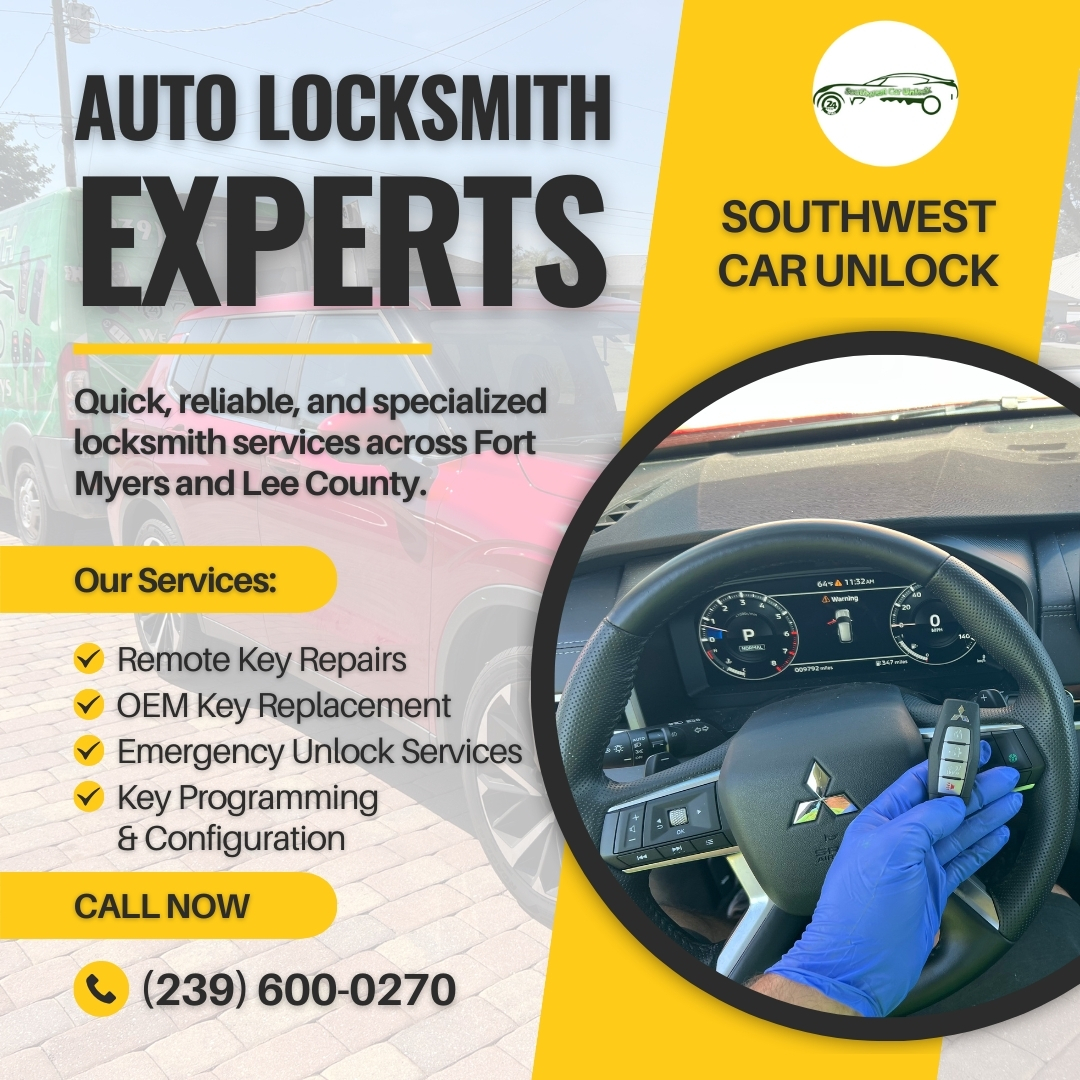 Southwest Car Unlock’s green locksmith truck on Lee Blvd providing mobile OEM key replacement and smart key programming services in Fort Myers.