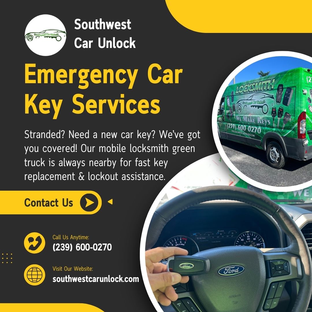 Mobile locksmith service in Fort Myers providing emergency car key replacement, smart key programming, and lockout services.