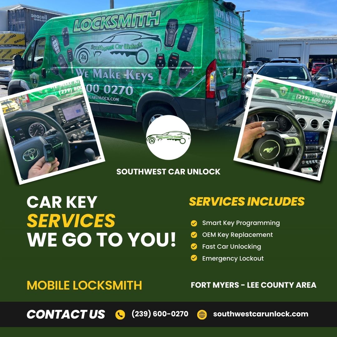 Mobile car key replacement and locksmith services in Fort Myers, Florida. Smart key programming, emergency lockout assistance, and transponder key services.