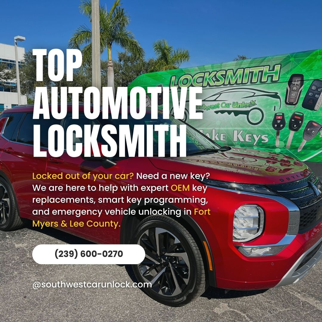 Mobile automotive locksmith services in Fort Myers, Florida. Smart key programming, emergency lockout assistance, and OEM key replacements.