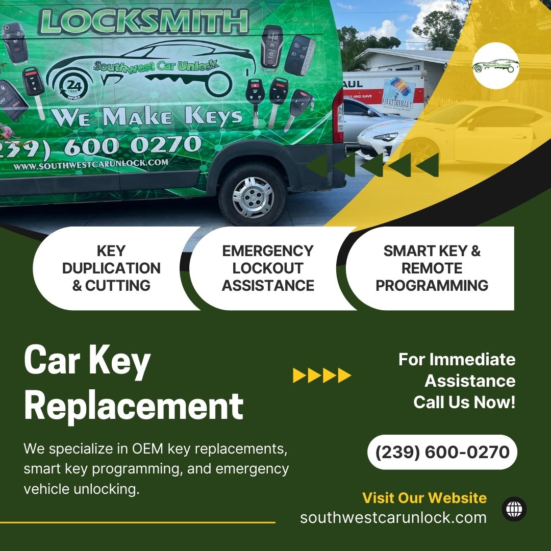 Mobile automotive locksmith services in Fort Myers, Florida. Smart key programming, emergency lockout assistance, and OEM key replacements.