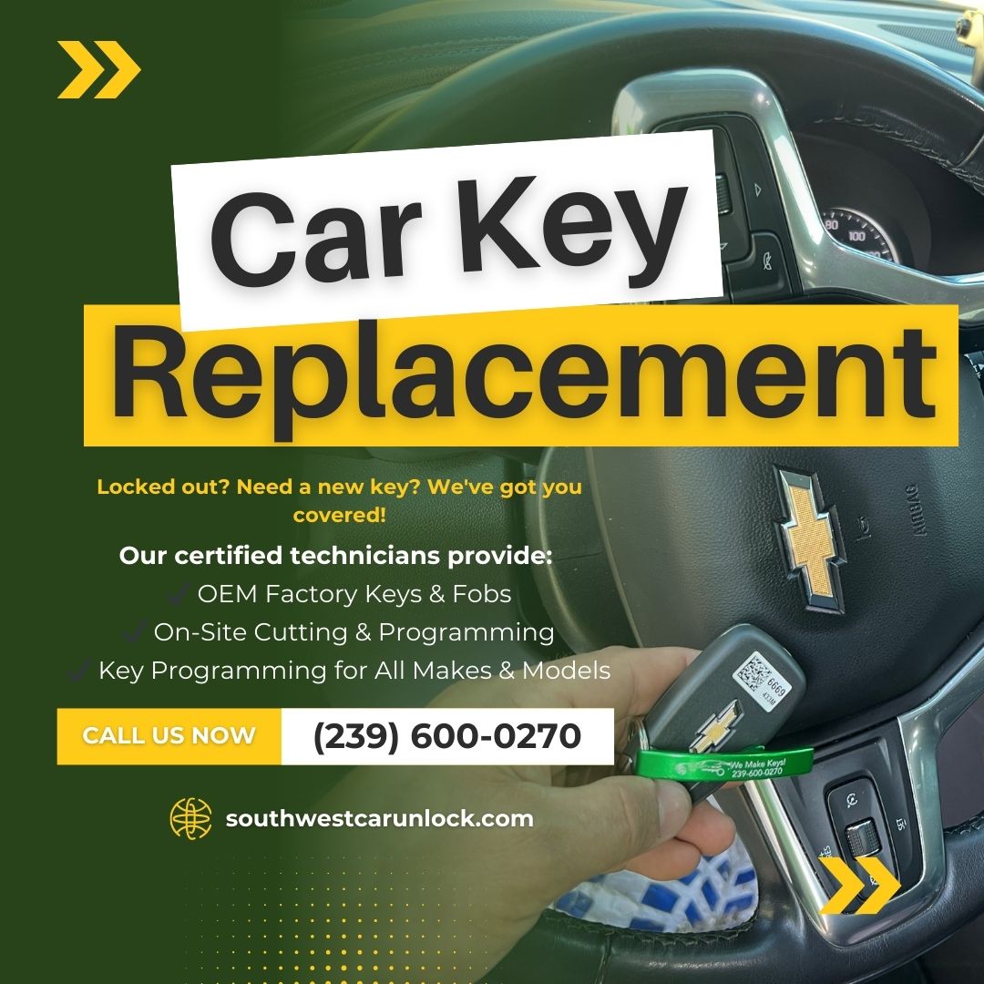 Car key replacement service in Fort Myers & Lee County, Florida. Mobile locksmith available for key cutting, programming, and fob replacements. Call (239) 600-0270.