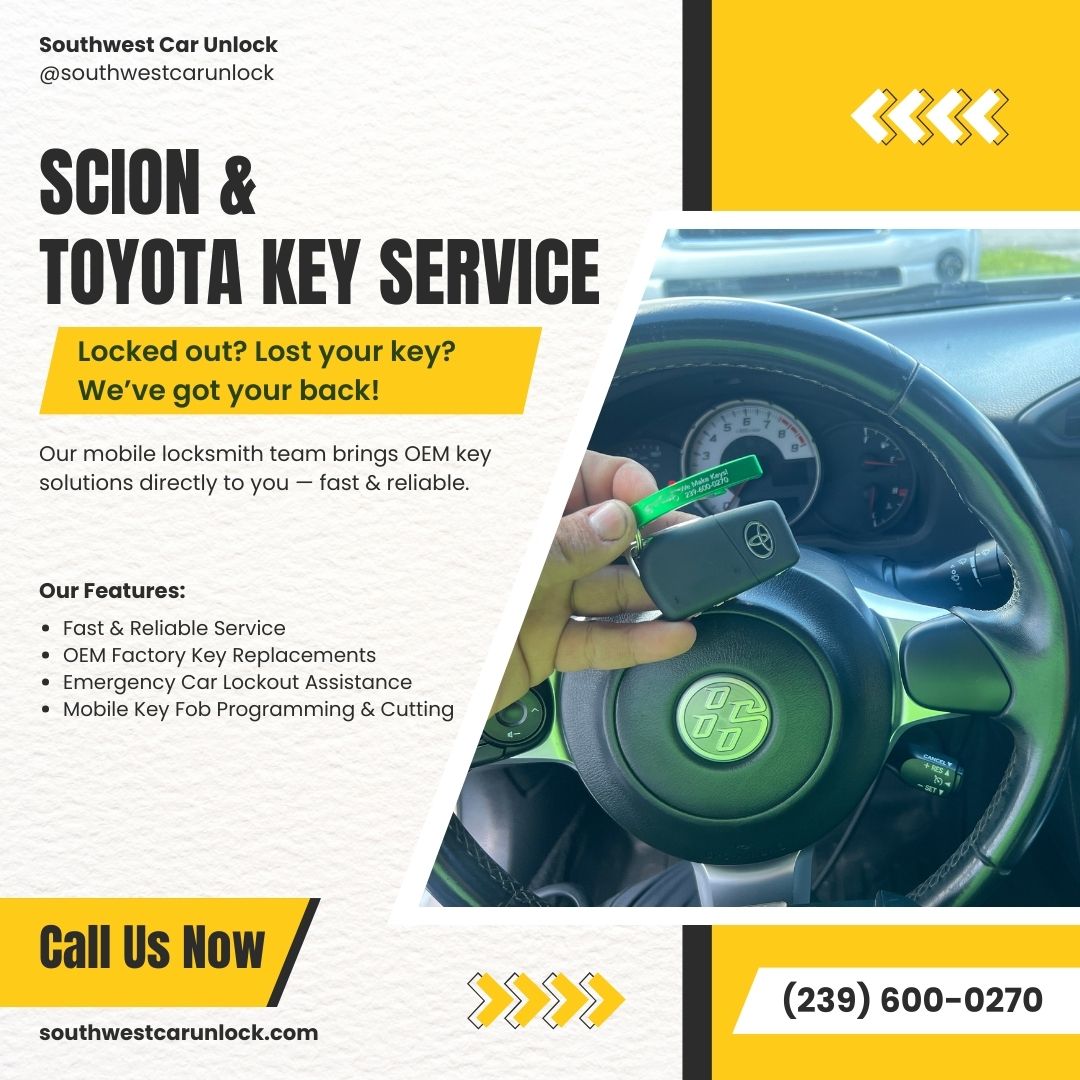 Mobile locksmith service in Fort Myers for Toyota and Scion vehicles. Key replacement, programming, and emergency unlocks by Southwest Car Unlock.