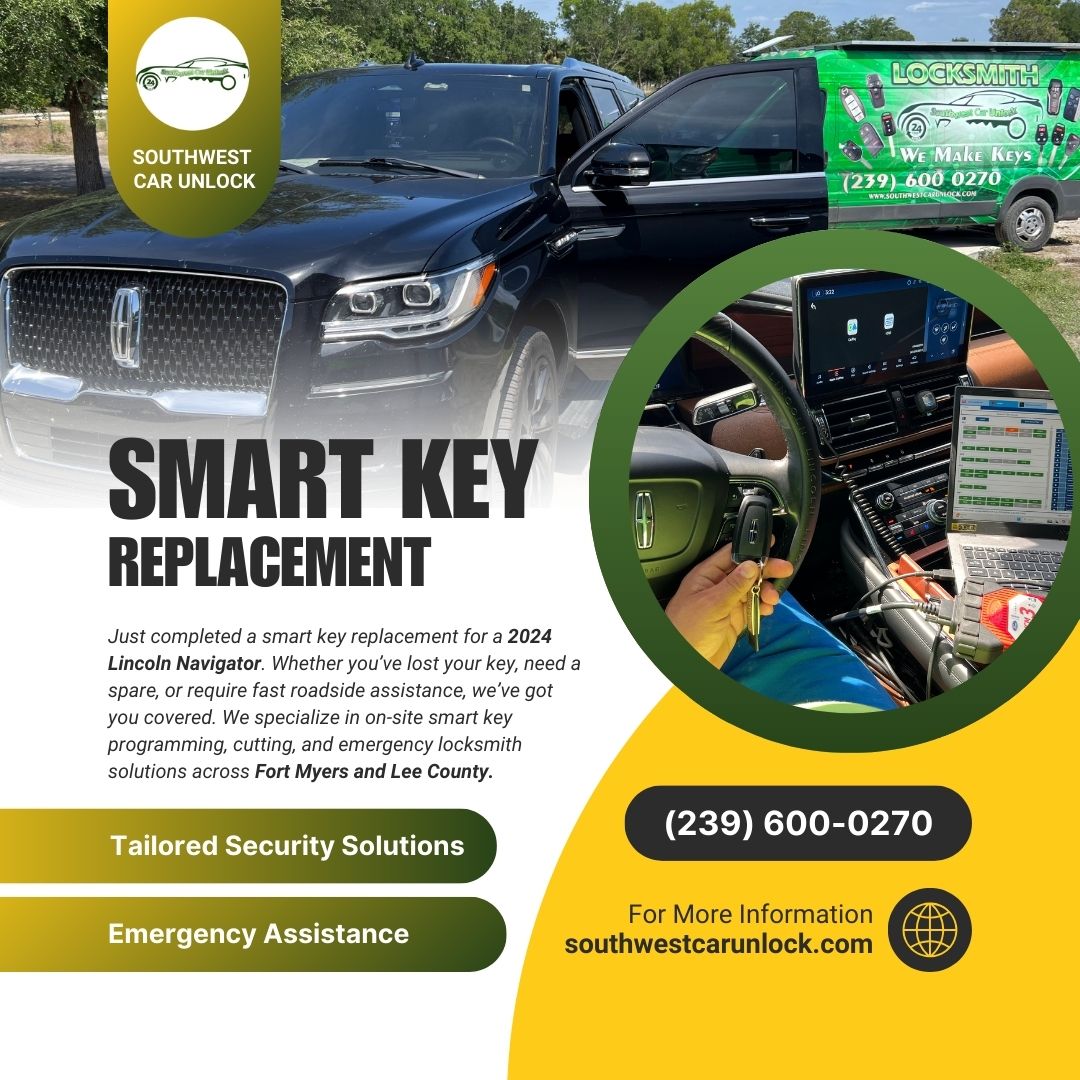 Southwest Car Unlock technician performing smart key programming for a 2024 Lincoln Navigator in Fort Myers, FL. Green locksmith truck visible.