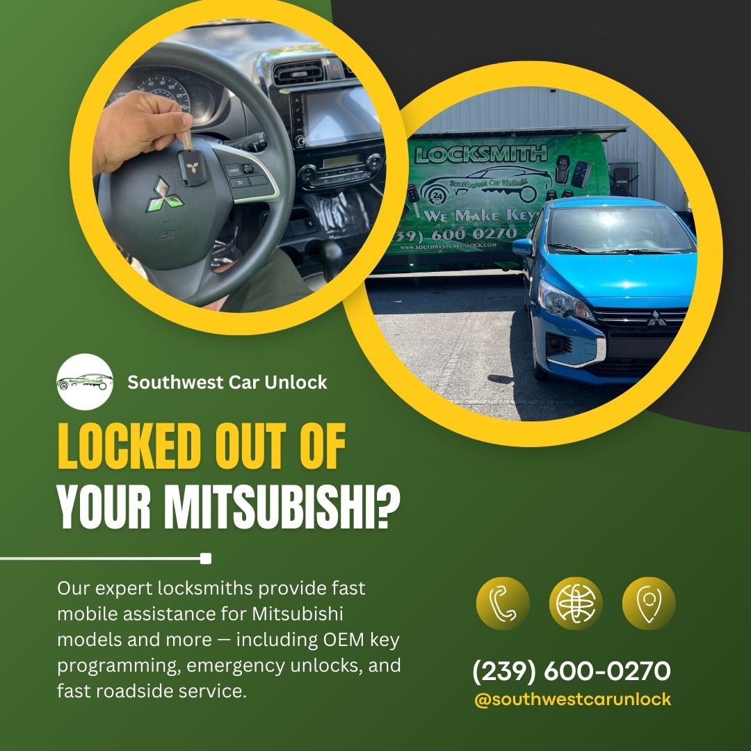 Mobile locksmith OEM key programming for 2024 Mitsubishi Mirage in Fort Myers – Southwest Car Unlock green truck on Lee Blvd