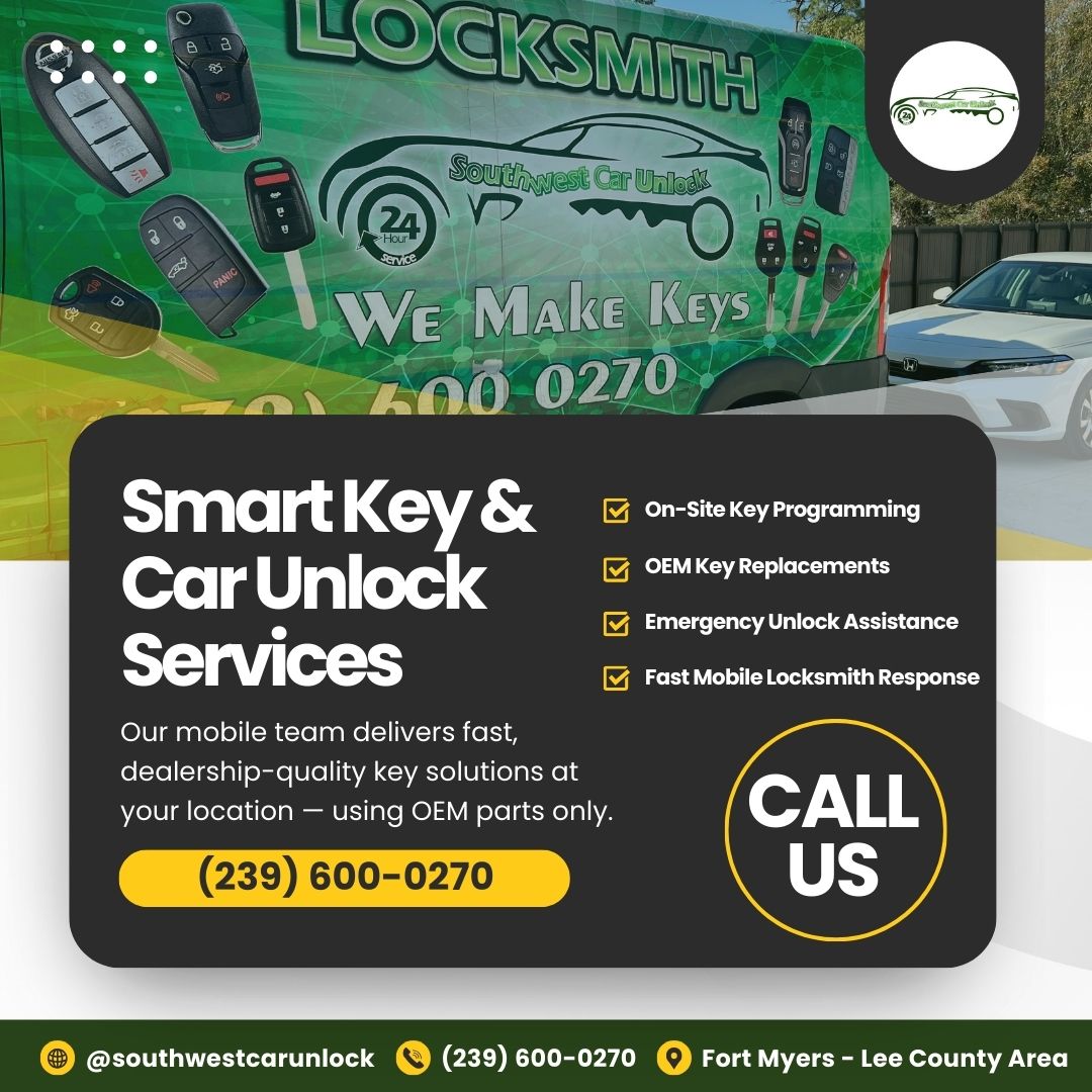 Southwest Car Unlock green locksmith truck offering mobile smart key and emergency unlock service in Fort Myers and Lee County.