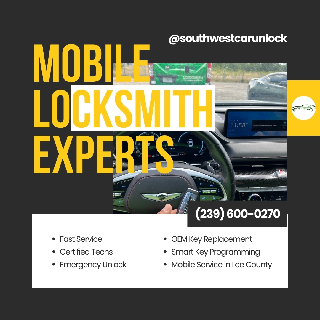 Mobile locksmith expert from Southwest Car Unlock servicing a Genesis dashboard with OEM key programming in Fort Myers, FL.