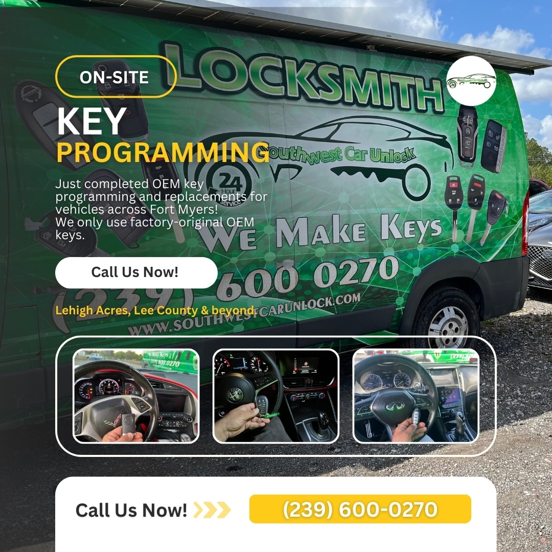 Green locksmith truck from Southwest Car Unlock providing mobile key programming services in Fort Myers, FL