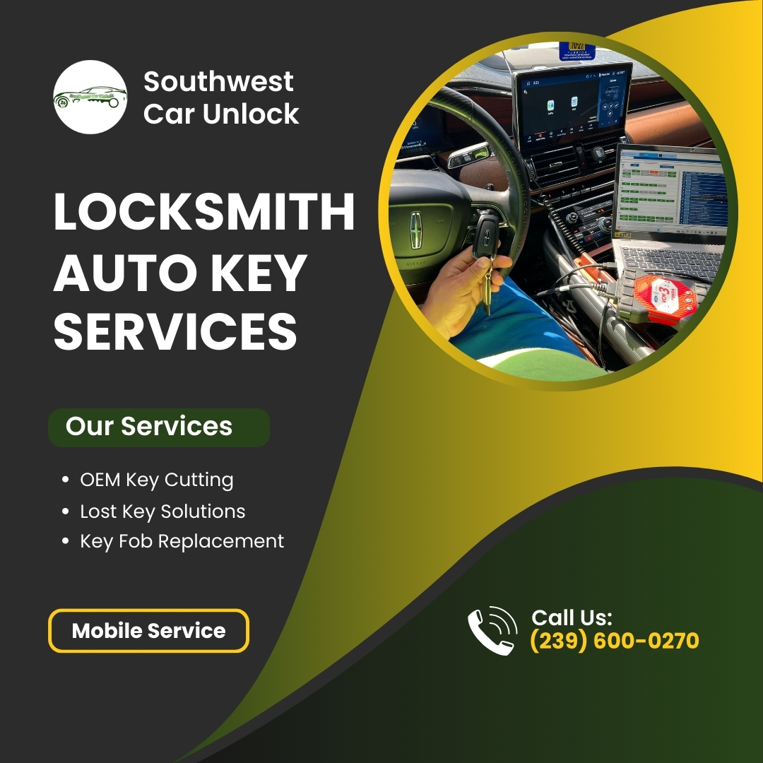 Mobile locksmith cutting and programming OEM key inside a Lincoln in Fort Myers, FL by Southwest Car Unlock