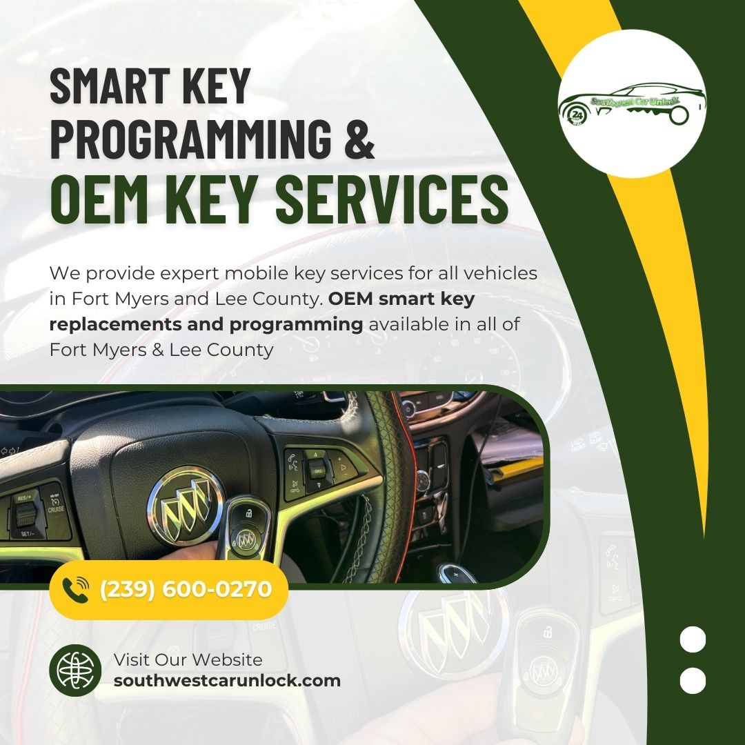 Mobile locksmith programming a smart key inside a 2020 Buick Encore in Fort Myers using dealership-grade tools.