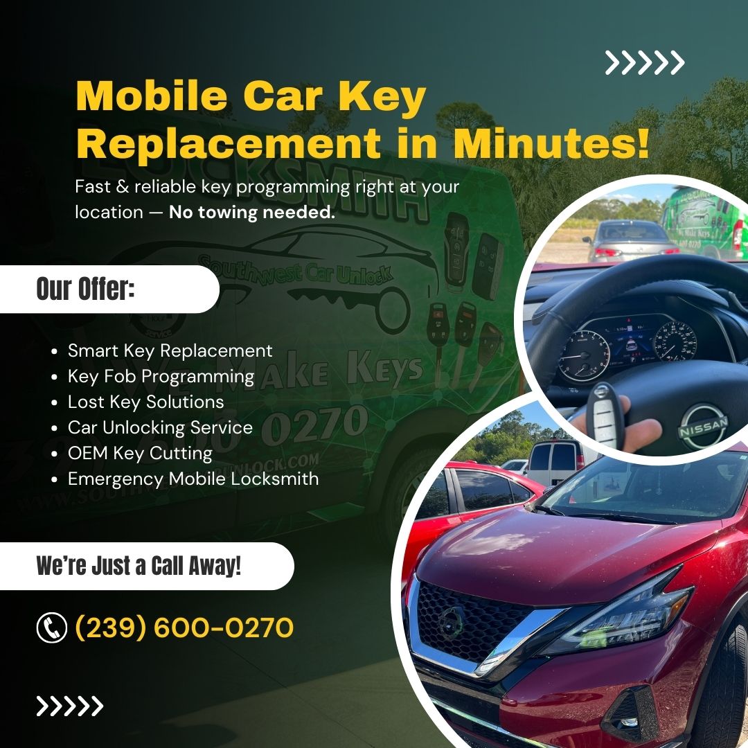 Locksmith replacing a smart key for a red Nissan in Fort Myers with the green locksmith truck in the background.