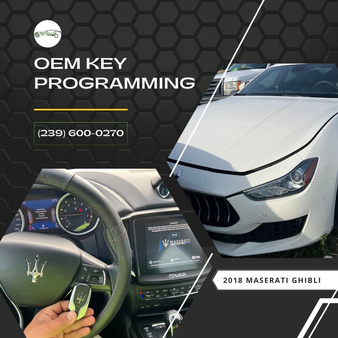 Locksmith holding a programmed smart key inside a 2018 Maserati Ghibli with dashboard and screen visible.