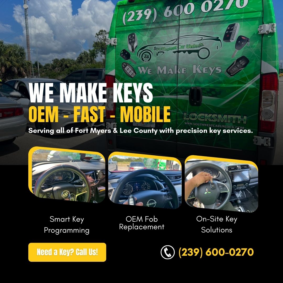 Mobile locksmith green truck providing OEM car key programming in Fort Myers with images of Buick, Nissan, and Mitsubishi interiors.