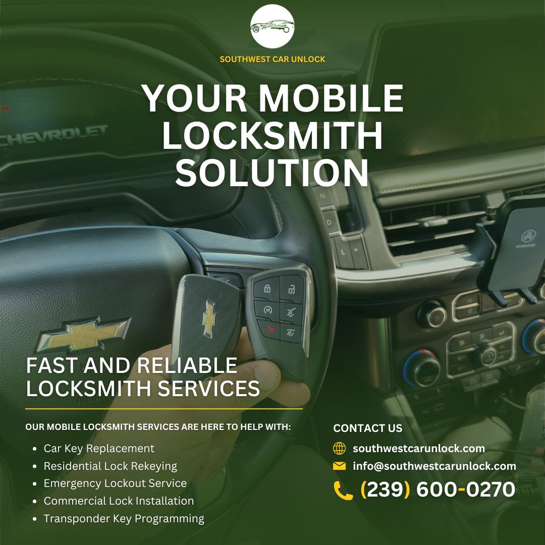 Mobile locksmith cutting and programming a Chevrolet key inside a vehicle in Fort Myers, Florida.
