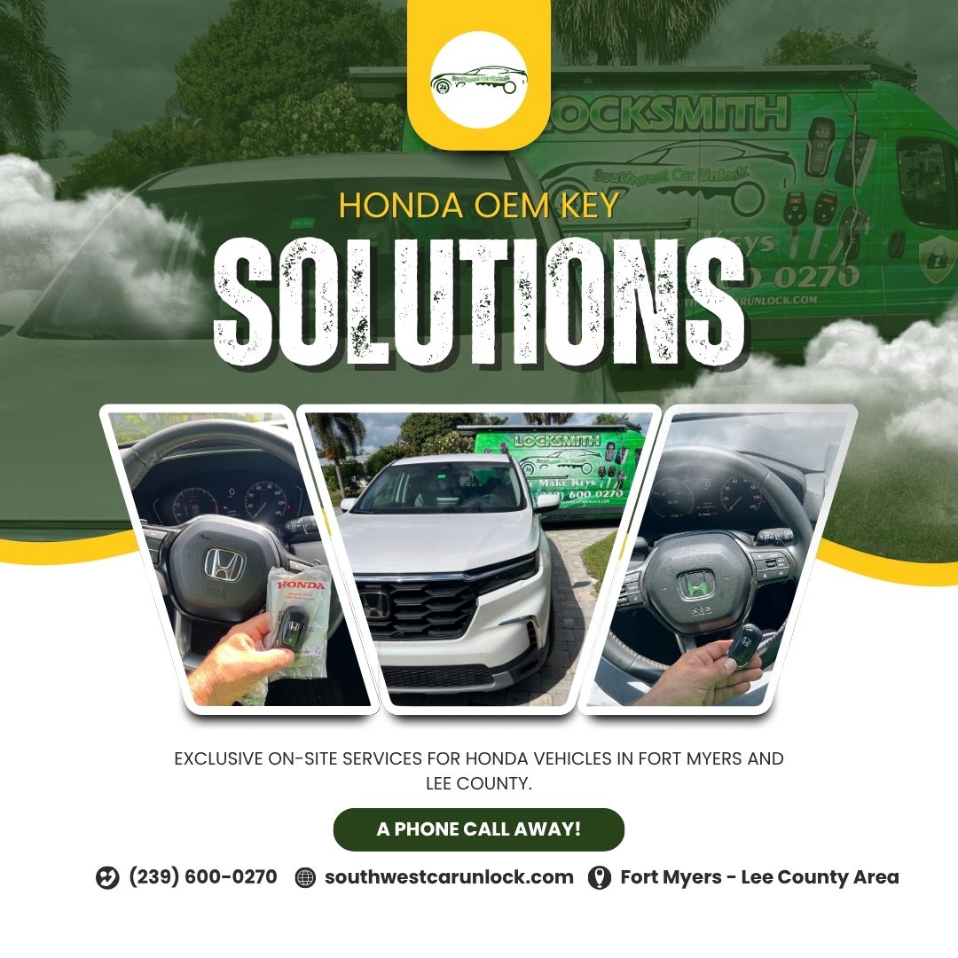 Mobile locksmith holding a new Honda smart key fob inside a vehicle, green locksmith truck in the background.